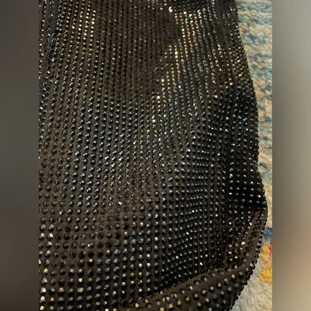 Black Rhinestone Over The Knee Thigh High Pull On Boots Triangle Heel 10